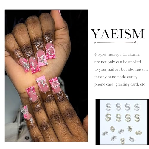 YAEISM 16PCS 3D Dollar Sign Nail Charms Gold and Silver Rhinestones