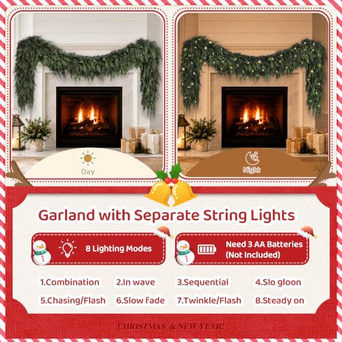 15FT Real Touch Cedar Christmas Garland with Separate String Lights - Green Moon
