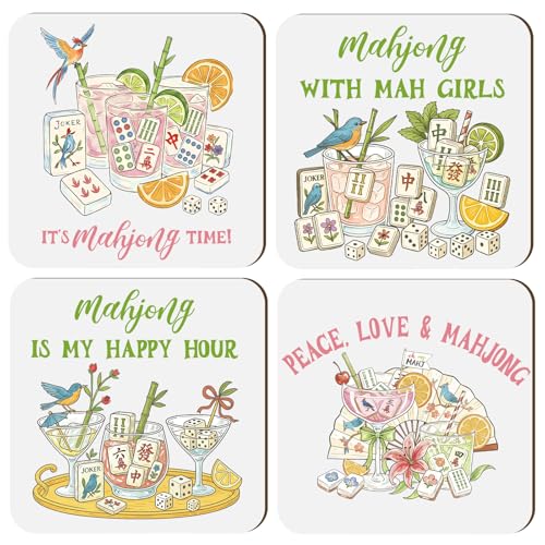 4-Piece Mahjong Wooden Drink Coasters - Decorative Game Night Accessories