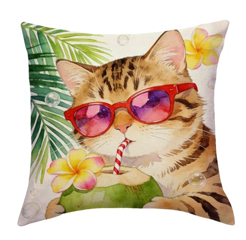 Summer Cat Throw Pillow Cover, Tropical Sunglasses Tabby, 18 x 18 Inch