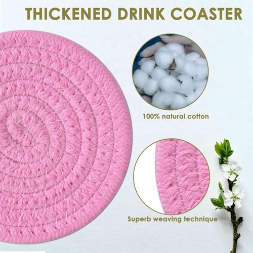 BRILLIRARE 8-Pack Woven Cotton Drink Coasters with Metal Holder - Pink