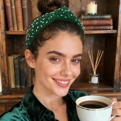 YISSION Green Christmas Knotted Headband - Beaded & Sequined Wide Hair Hoop