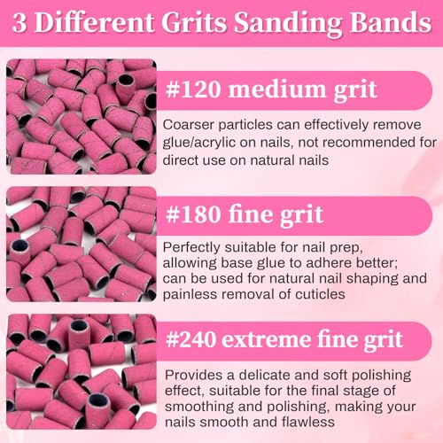 RAQEHO 150 Pcs Nail Drill Sanding Bands with Bit 120/180/240 Grit