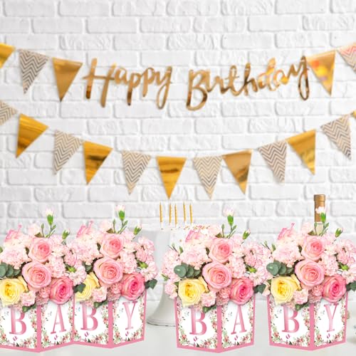 6 Pack Pink Floral 'BABY' Centerpiece Boxes, 7-Inch Baby Shower Decor