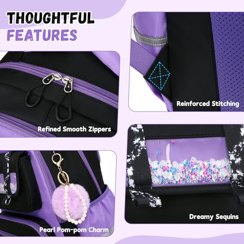 Kawaii Purple Backpack for Girls, Stylish School Bag Ages 6-15