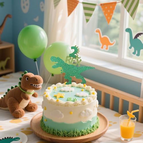 Dinosaur 2nd Birthday Cake Topper - Green Glitter T-Rex Decoration