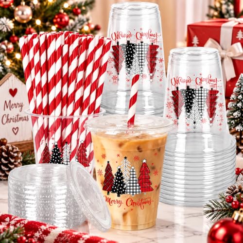Christmas Tree Plastic Cups with Lids & Straws - Red & Black Holiday Party Supplies - 12oz - Variation of THIS listing