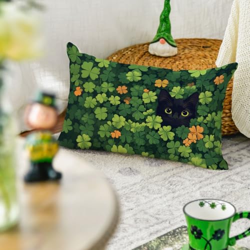 St. Patrick's Day Black Cat Throw Pillow Cover - 12x20 Inch