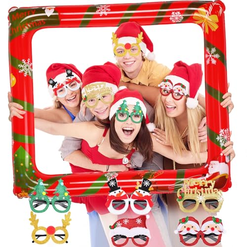 Christmas Photo Booth Props Set with Glitter Glasses & Inflatable Frame