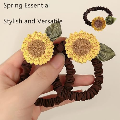 Brown Sunflower Scrunchies Hair Ties 4 Pcs, Elastic Ponytail Holders