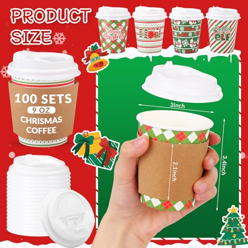 100 Sets Christmas Coffee Cups with Lids & Sleeves - 9 oz Cute Holiday Design