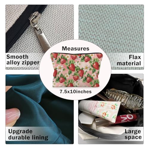 BARPERY Floral Strawberry Makeup Bag - Cute Linen Travel Cosmetic Pouch