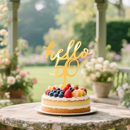 Hello 50 Cake Topper - Gold Acrylic for 50th Birthday & Anniversaries