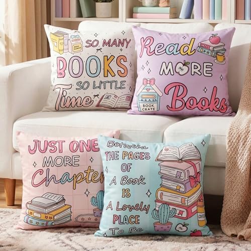 Tranqun Pastel Book Throw Pillow Covers Set of 4 Classroom Reading Decor, 18x18 Inches