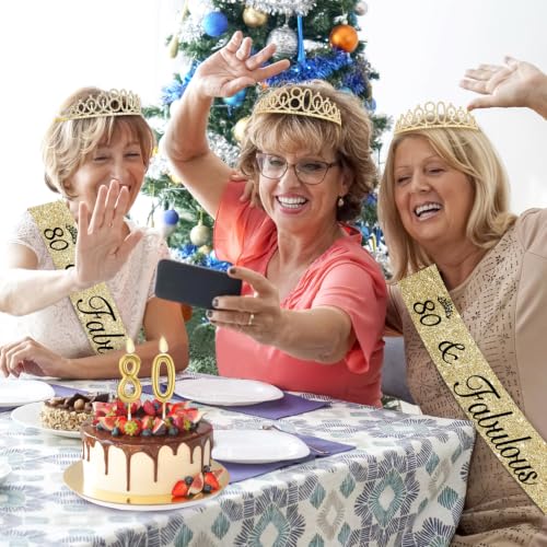 Gold 80th Birthday Decorations Set for Women - Tiara, Sash & Candles