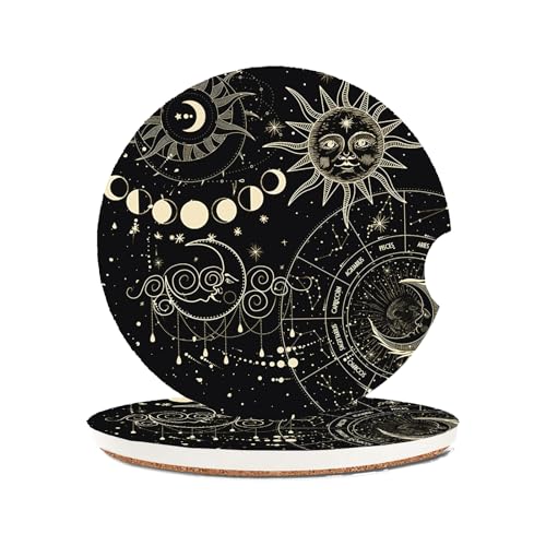 Moon and Sun Car Coasters - 2 Pack Ceramic & Cork Drink Coasters