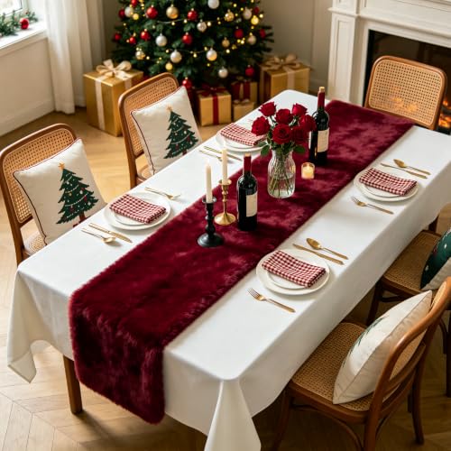 Burgundy Faux Fur Table Runner - Luxury Christmas Home Decor, 35.4 Inch