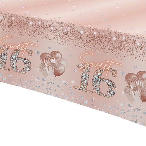 Rose Gold Sweet 16 Party Tablecloths - 3 Pack, 86 x 55 in