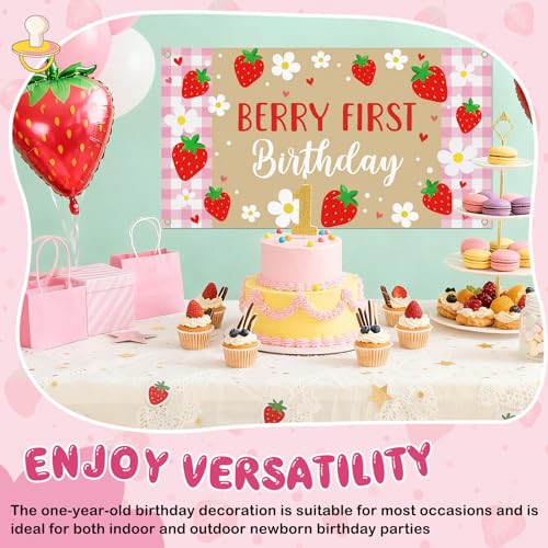 Berry First Birthday Banner - Pink Strawberry 1st Birthday Backdrop for Girls