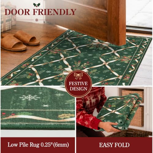 Evergreen Gold Christmas Runner Rug 2ft x 10ft Washable Non-Slip Holiday Decor