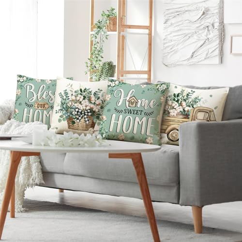 Farmhouse Eucalyptus Throw Pillow Covers 18x18, Set of 4, Teal & Green