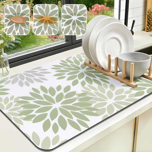 Findosom Floral Dish Drying Mat - 12" x 20" Ultra Absorbent Coffee Mat