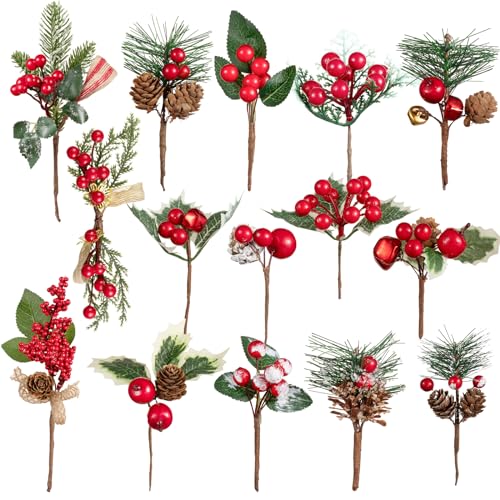 Artificial Christmas Berry Picks Set - 15 Assorted Red Berries Pinecones & Foliage, 5-10 Inches, Holiday Floral Decorations with Variation 5.9in-9in