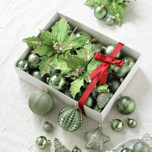 48-Pack Green Shatterproof Christmas Ornaments Set with Glitter and Holiday Decorations