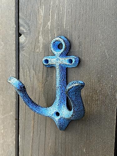 KiaoTime Blue Nautical Anchor Wall Hook - Rustic Cast Iron Coat Rack