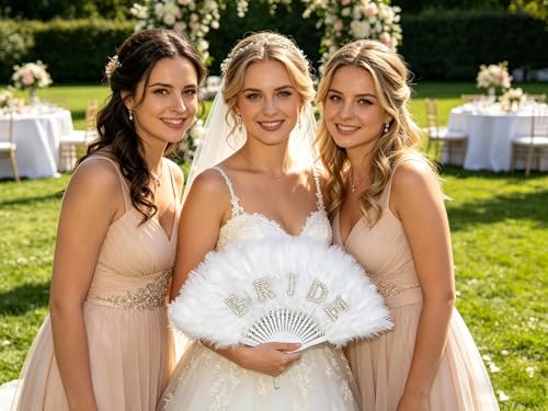 White Feather Bridal Hand Fan with Rhinestones for Wedding & Bachelorette Parties