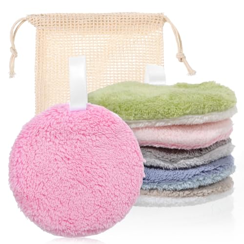 Dopenspi 6 Pcs Reusable Makeup Remover Pads - Soft Coral Fleece Facial Cleansing Rounds with Mesh Bag
