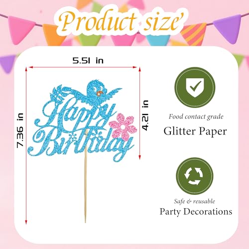 Bird Birthday Cake Topper - Blue Glitter Party Decoration