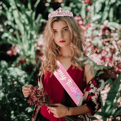 AMCAMI Pink Birthday Crown and Sash Set Rhinestone Tiara for Women
