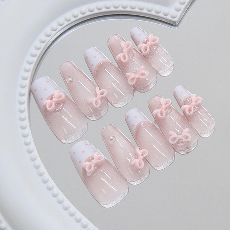 Valentine Press on Nails Medium Square White French Tip with Bow and Heart Rhinestones