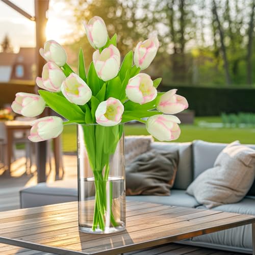 12pcs Real Touch Pink Tulips - Artificial Silk Flowers for Decor