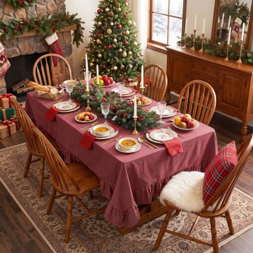 Eternal Beauty Christmas Red Striped Ruffled Tablecloth 60x120 Inches - Rectangle, Holiday Decor