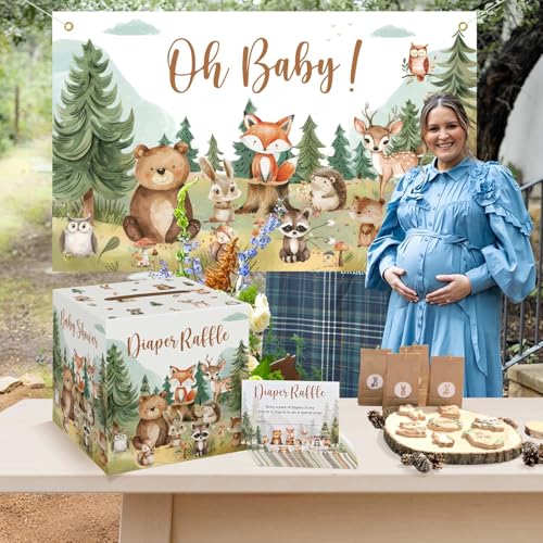 Woodland Baby Shower Diaper Raffle Box Set with 50 Raffle Tickets