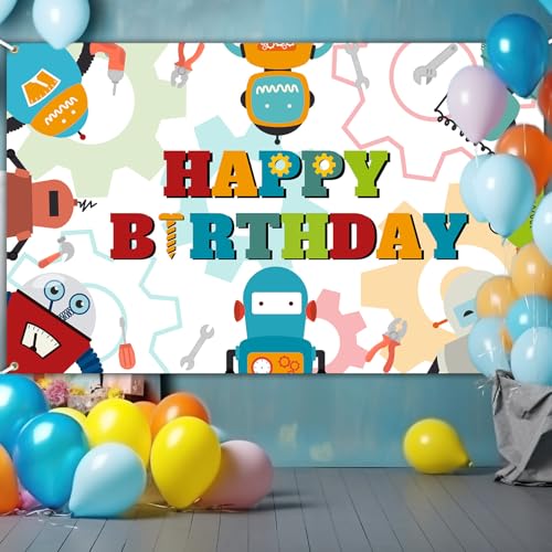 Robot Birthday Backdrop Banner - 6x3.6ft Party Decoration