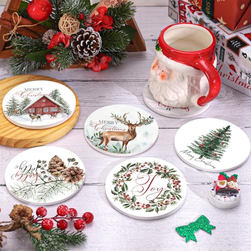 Christmas Ceramic Coasters Set with Holder - Watercolor Farmhouse Holiday Drink Mats