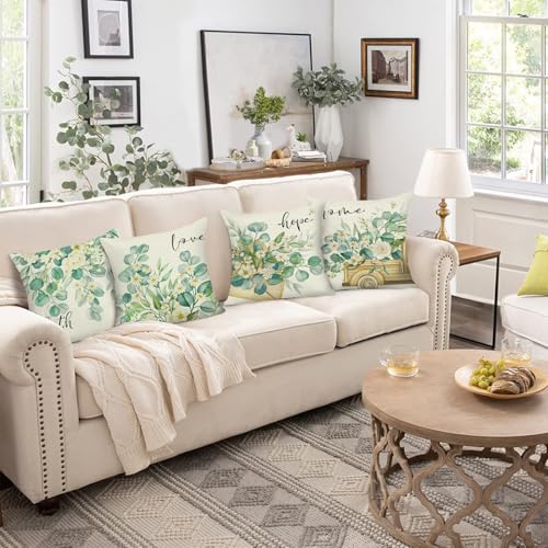 Eucalyptus Leaves Throw Pillow Covers 18" x 18" (Set of 4) - Farmhouse Floral Decor