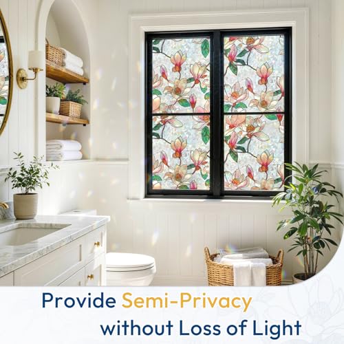 rabbitgoo Magnolia Stained Glass Window Privacy Film 17.5" x 78.7" - Rainbow Light Effect