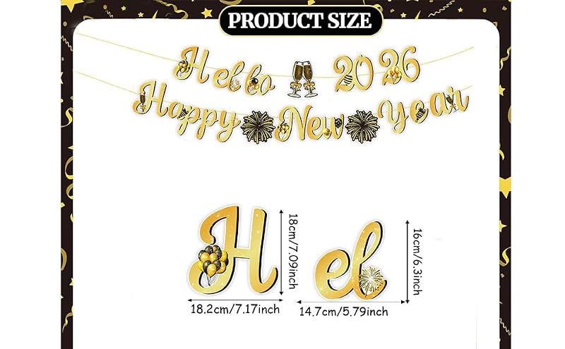2026 Happy New Year Banner Glitter Gold and Black NYE Party Decorations