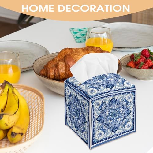 Boho Floral Tissue Box Cover Holder - Blue PU Leather Decor