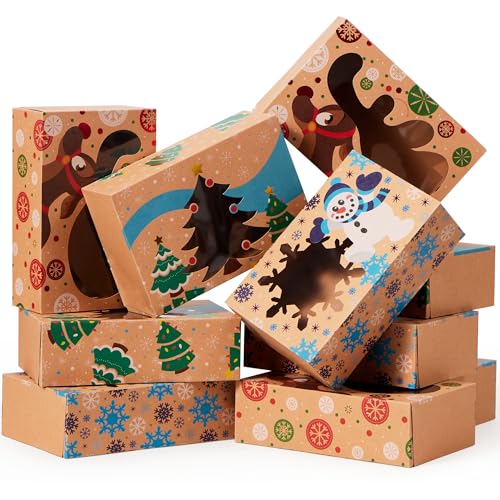 Christmas Cookie Gift Boxes with Window - 12 Pack, Kraft Bakery Tins for Pastries and Baked Goods - Variety of 3 Designs - 8.75 x 5.75 x 2.75 Inches