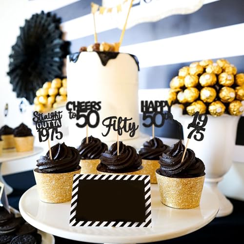 30PCS Black Glitter 50th Birthday Cupcake Toppers Set