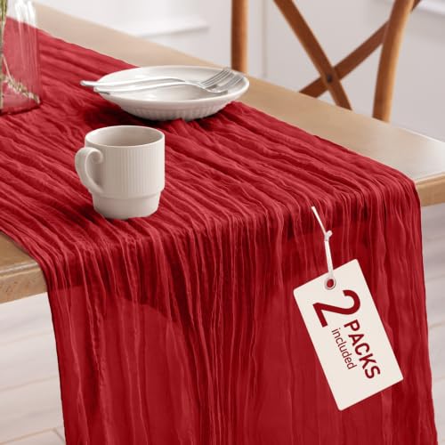 Pureegg 2 Pack Red Cheesecloth Table Runner 120 Inch for Wedding Party
