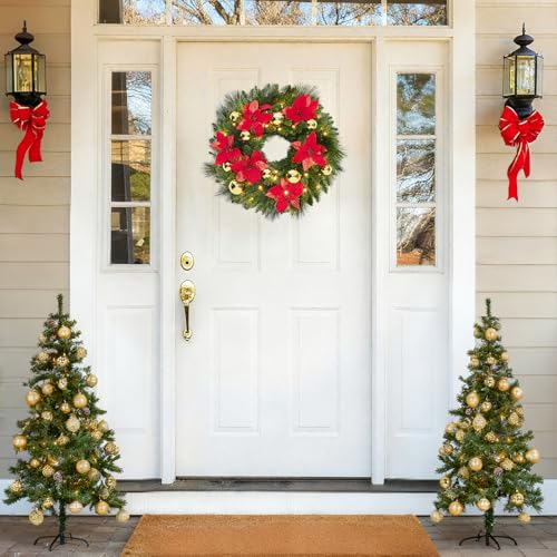 Pre-Lit Christmas Wreath 24 Inch Red and Gold Indoor Outdoor Decor with Lights