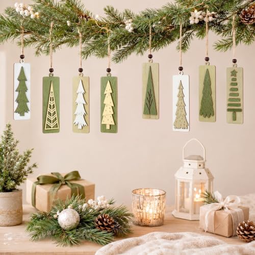 Neutral Rustic Wooden Christmas Tree Ornaments Set - Green Variation, 16 Pcs