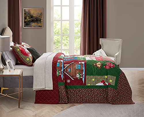 Christmas Oversized King Bedspread with Santa Pattern - Rustic Lodge Quilt Set, 3 Pieces