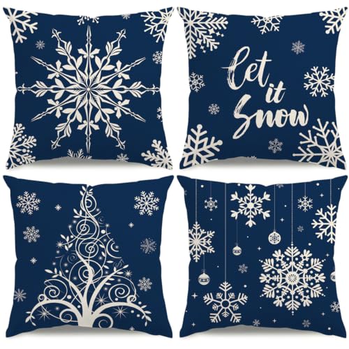 Blue Snowflake Pillow Covers Set of 4 20x20 Inches Christmas Home Decor